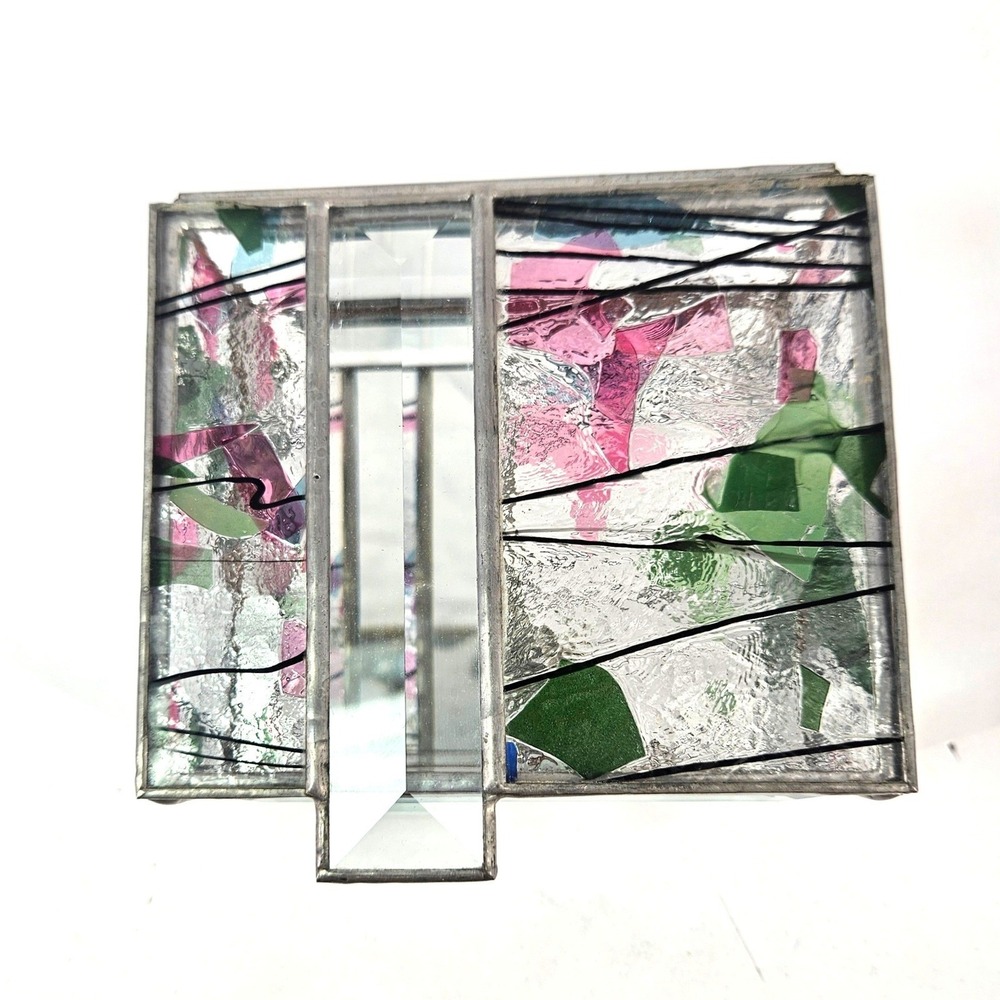 Vtg Handmade Stained Fused Art Glass Hinged Trinket Box Mirror Lined Jewelry med